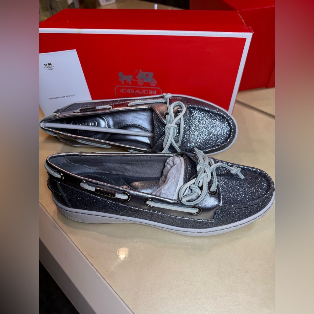 Coach Boat Shoes Richelle Women's Sz 7.5 Gunmetal Kidskin Glitter Q1876 NIB